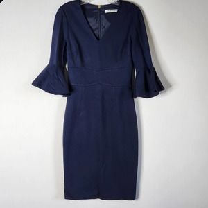 Trina Turk Los Angeles Navy Blue Sheath Dress XXS Knee Length Flounce Sleeves